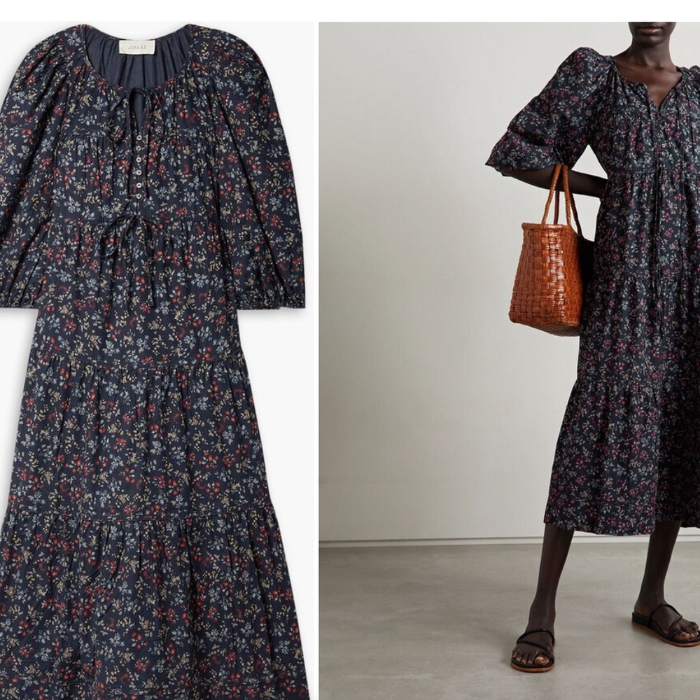 THE GREAT. The Bonnet Tiered Floral Print Cotton Corduroy Midi Dress size 0